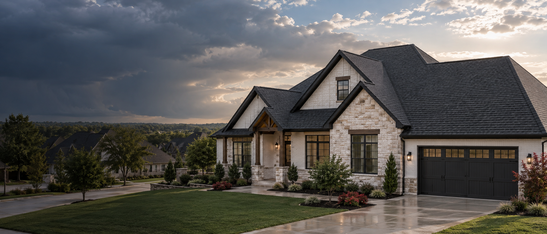 New dark architectural shingle roof on an Oklahoma home after a storm